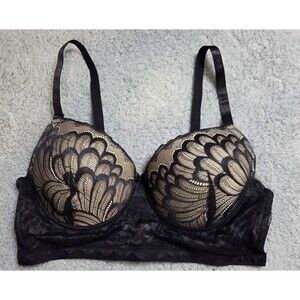 Lace Bra Womens US 40C EU90C Black Padded Underwire Mesh Adjustable Straps